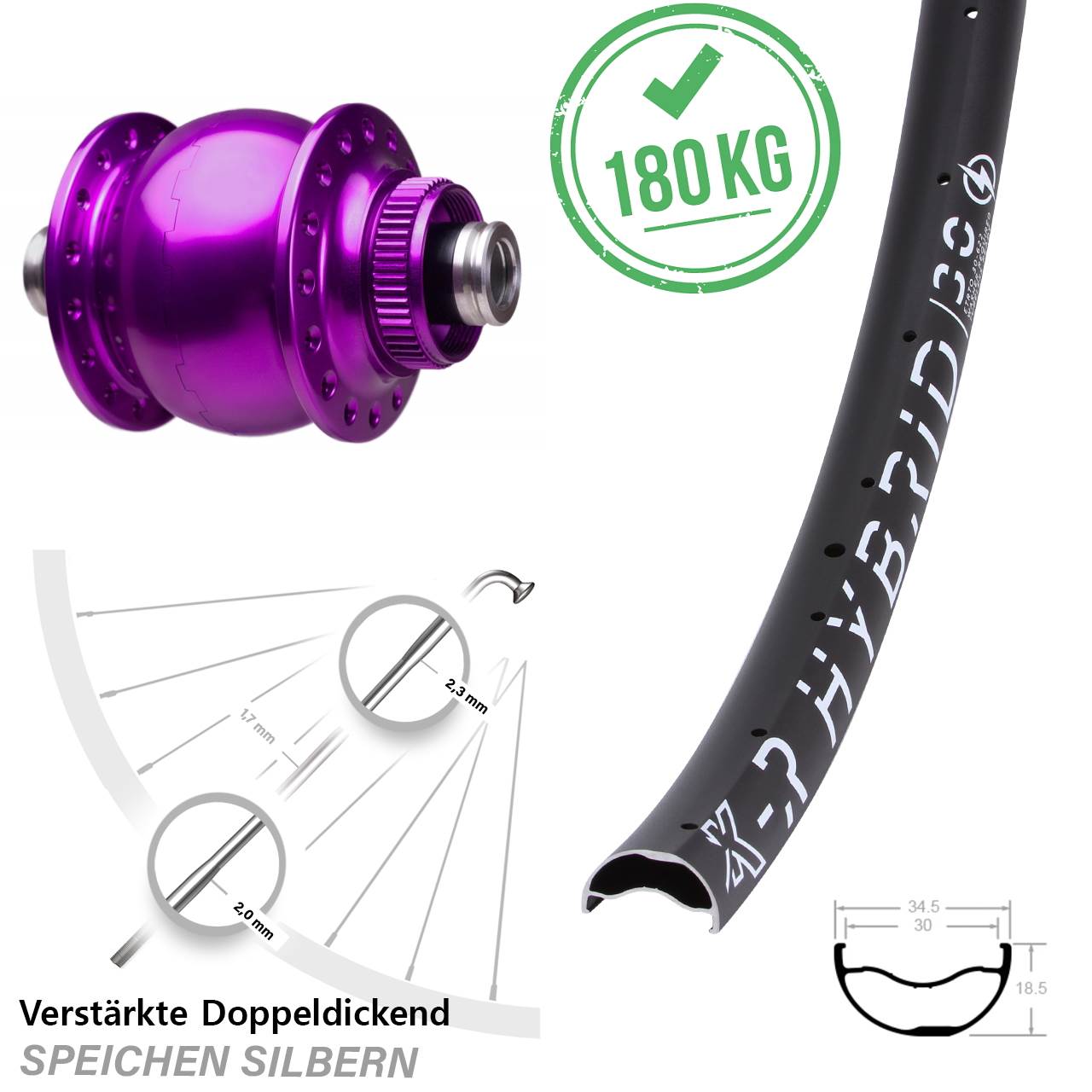 Disc Nabendynamovorderrad 29 Zoll KX-R Hybrid 30 SON 28 violett 12x100