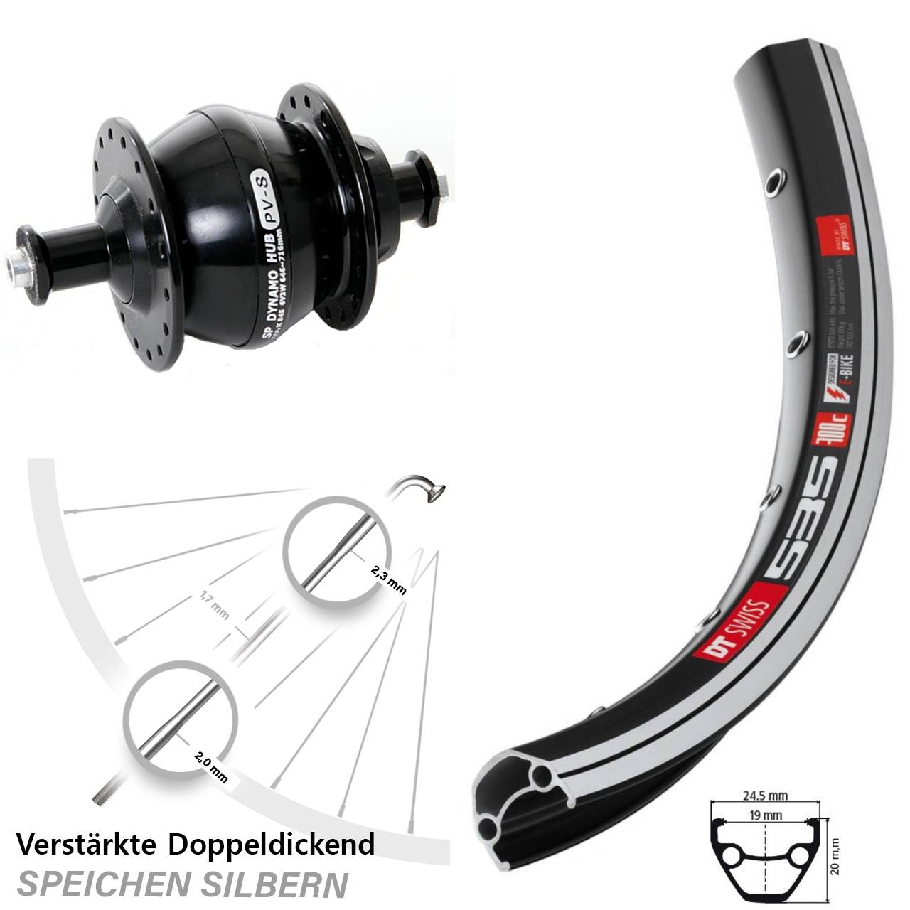Vorderrad mit Nabendynamo für Schnellspanner 26 Zoll DT Swiss 535 Shutter Precision PV-8