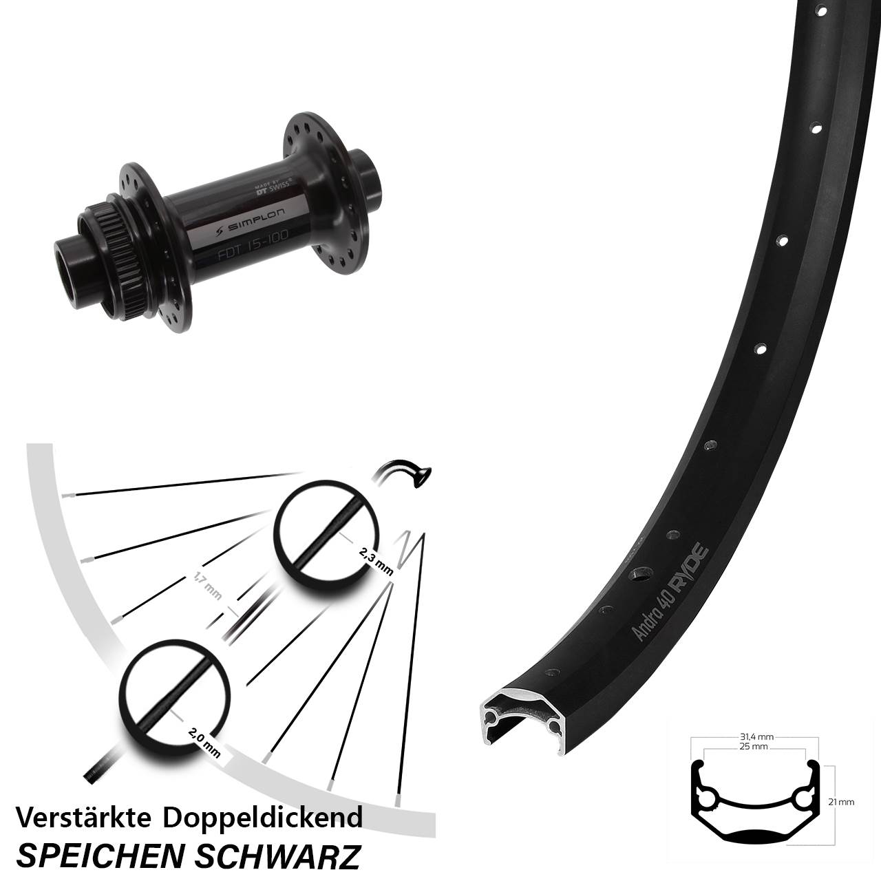 Vorderrad Centerlock 12x100 26 Zoll Ryde Andra 40 DT Swiss 370