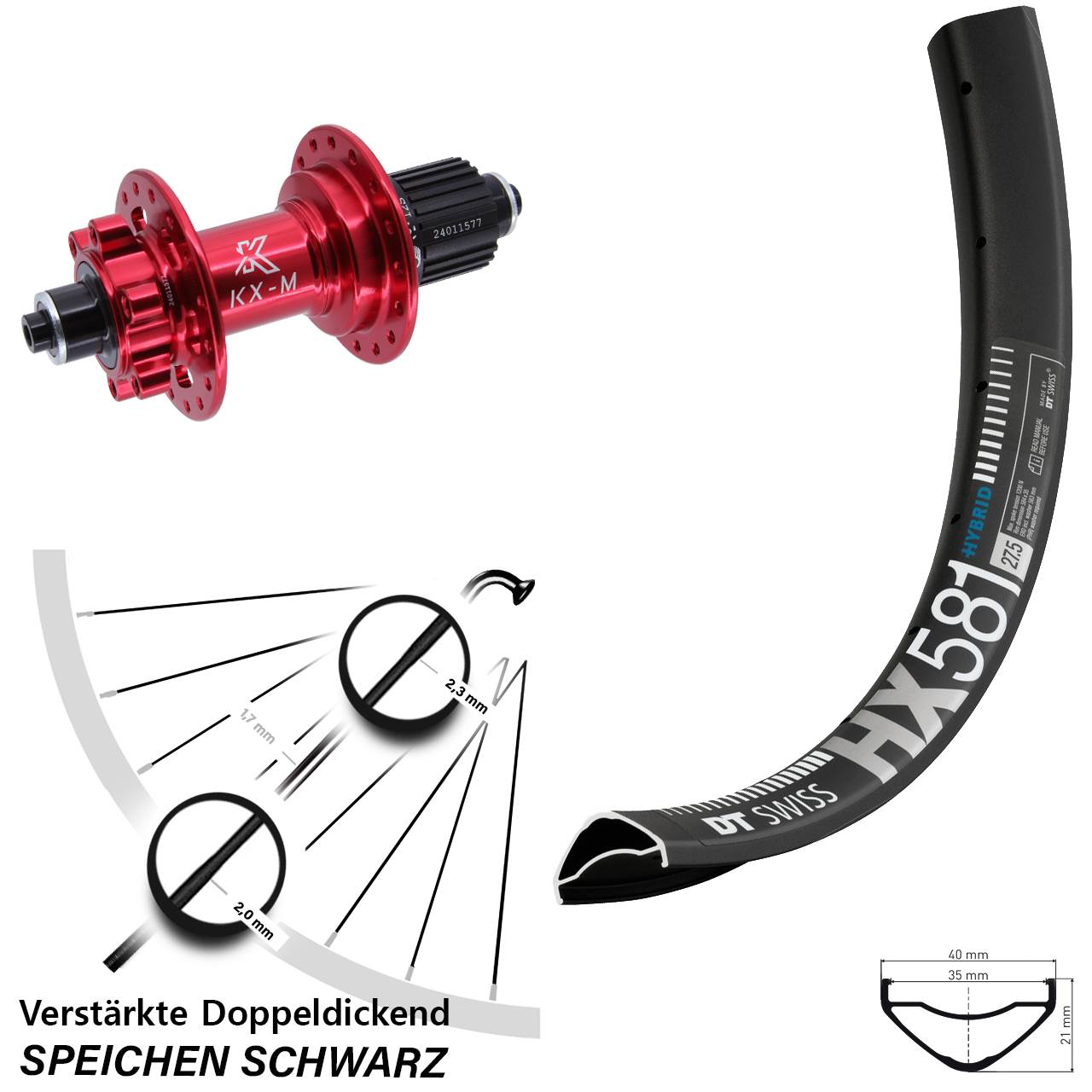 Hinterrad 6-Loch QR 27,5 Zoll DT Swiss HX 581 KX-M rot Micro Spline