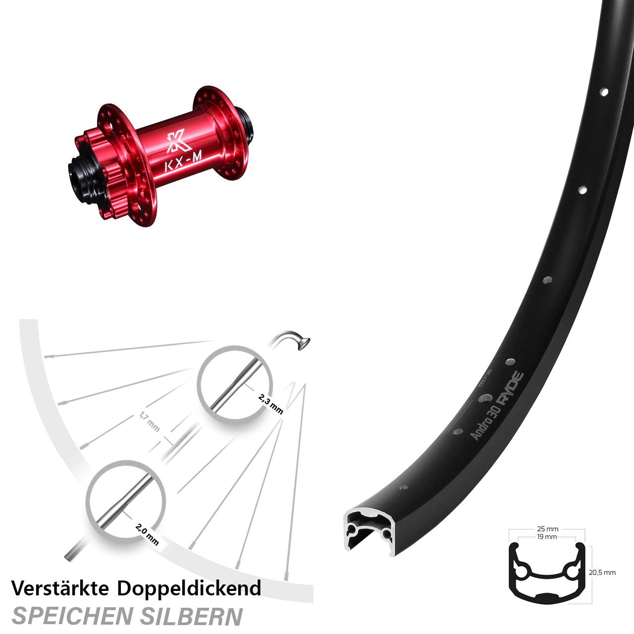 28 Zoll Ryde Andra 30 KX-M rot 6-Loch Vorderrad 15x100