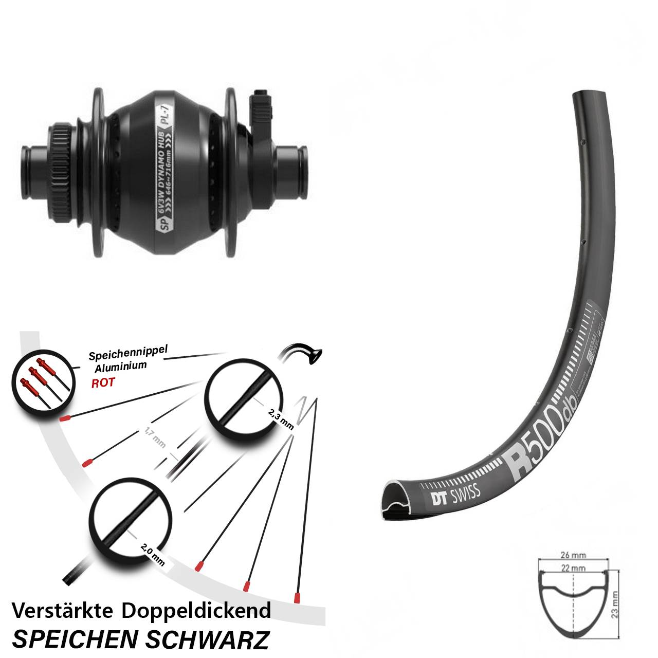 Shutter PL-7 Dynamo Steckachse DT Swiss R 500 Vorderrad 28/29 Zoll 12x100 mm