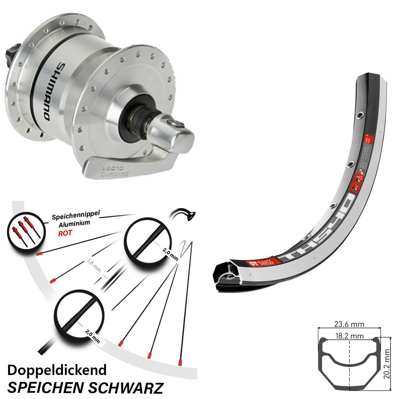 28 Zoll Vorderrad mit Nabendynamo DT Swiss TK 540 Shimano DH-3N72