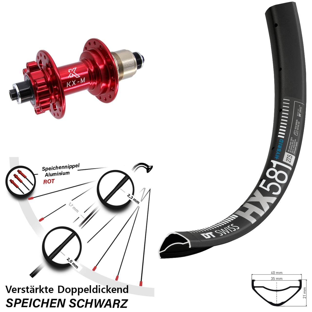 6-Loch Hinterrad 27,5 Zoll DT Swiss HX581 KX-M rot XD 11-12 fach für Schnellspanner