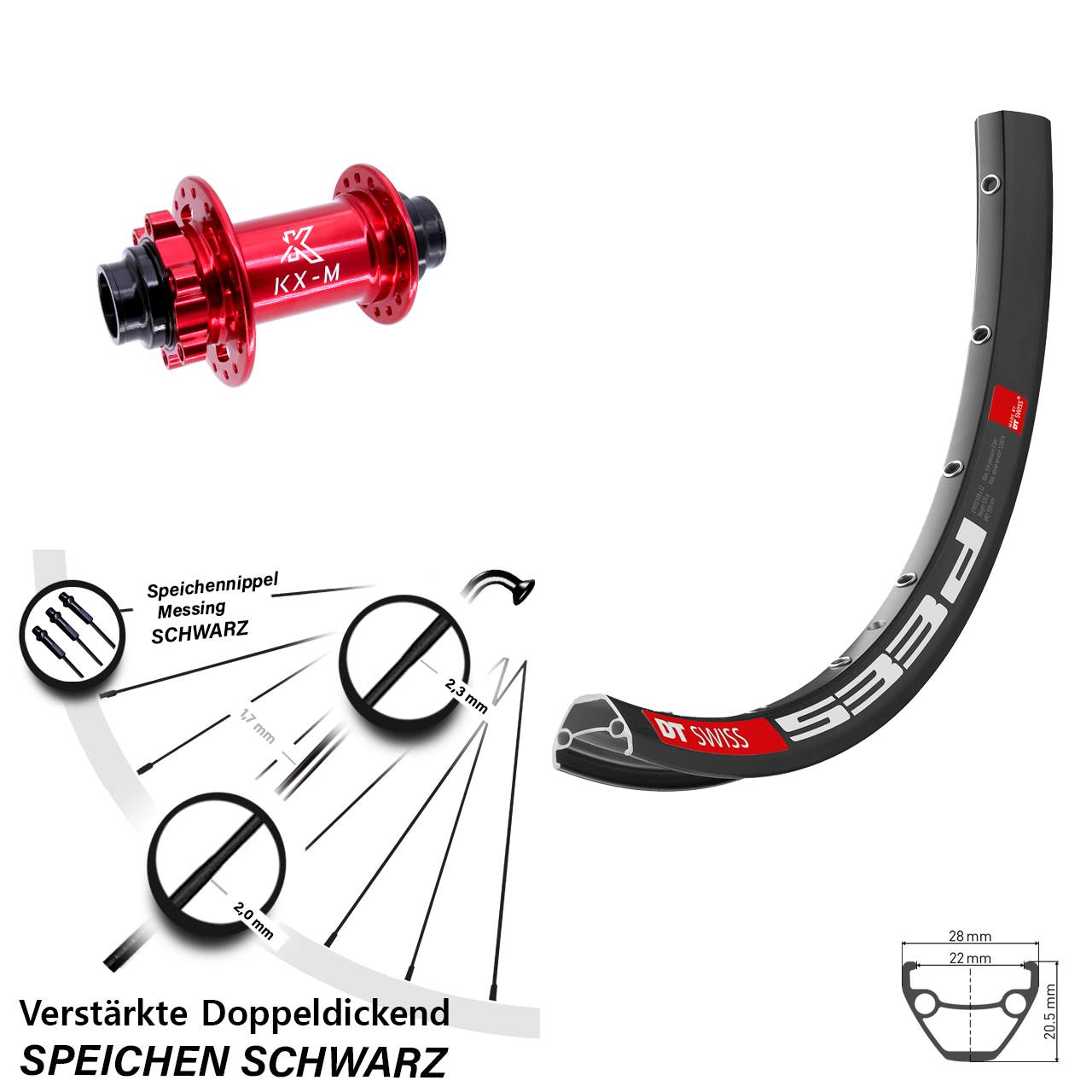 6-Loch Vorderrad 29 Zoll DT Swiss 533d KX-M rot 20x110 non Boost