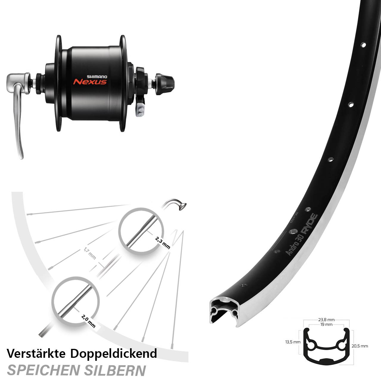 Nabendynamovorderrad QR 28 Zoll Ryde Andra 30 Shimano DH-C3000 QR