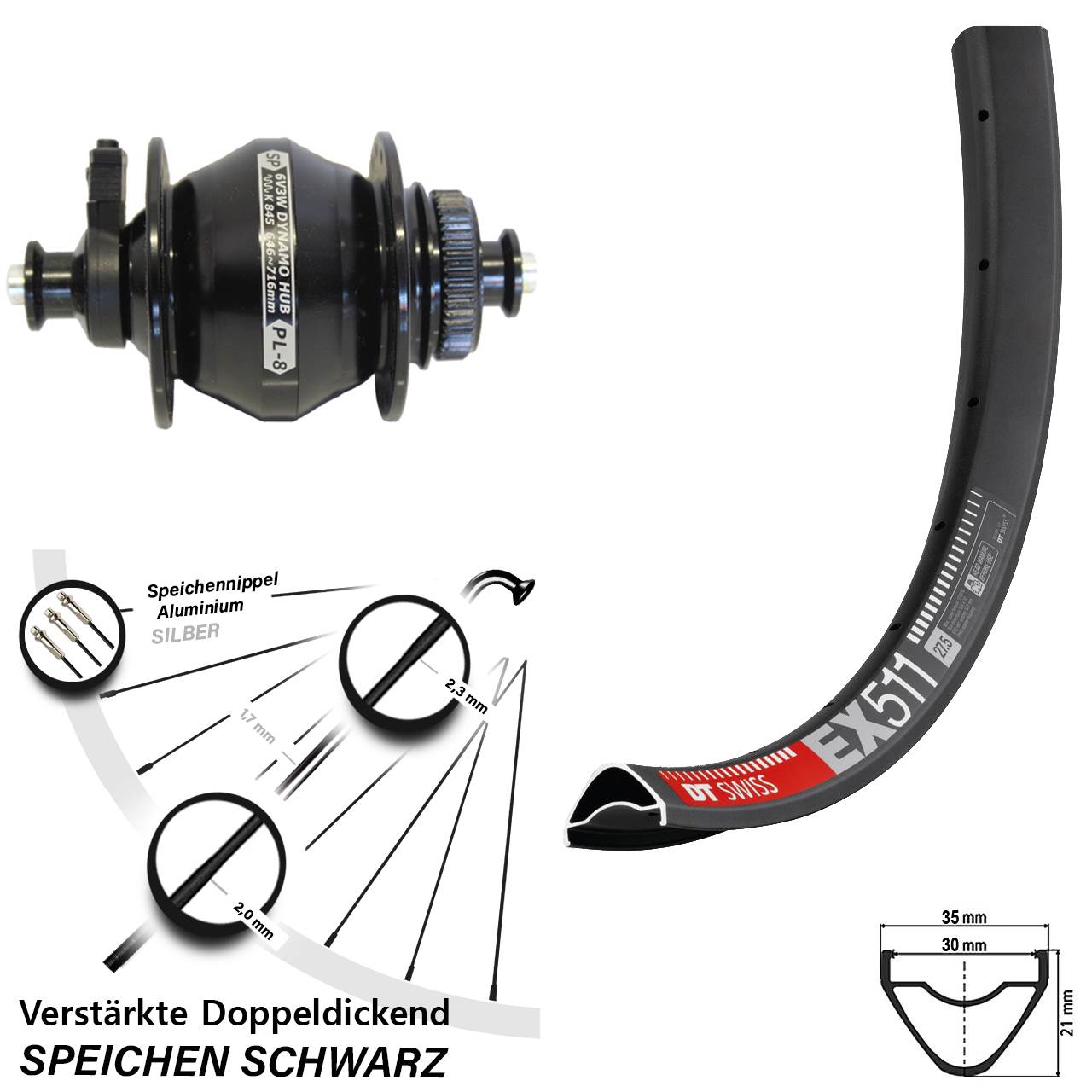 Nabendynamovorderrad Centerlock für Schnellspanner 27,5 Zoll DT Swiss EX 511 Shutter PL-8