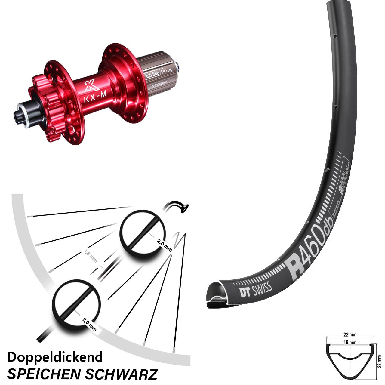DT Swiss R 460 DB Disc Hinterrad 28 Zoll mit KX-M rot 5x135 mm 8-12 fach Nabe