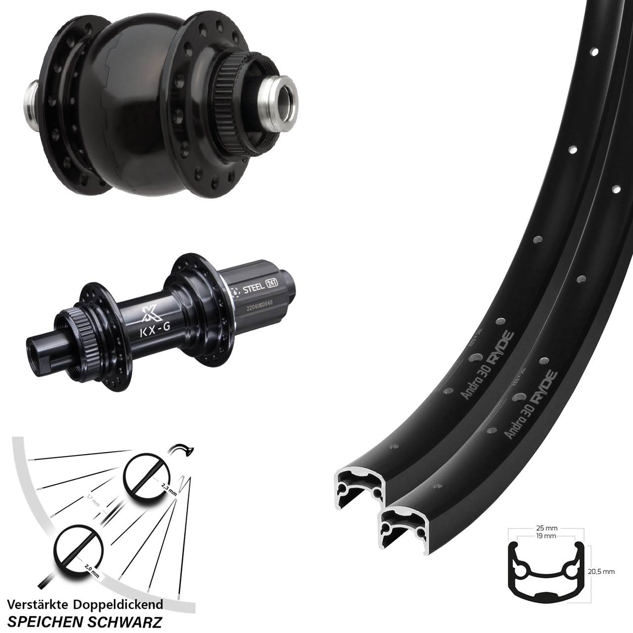 29 Zoll Ryde Andra 30 KX-GS SON 28 Laufradsatz Centerlock 12x100/142 8-12 fach