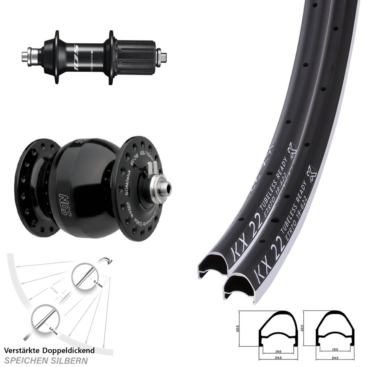 Laufradsatz QR 28 Zoll KX 22 OS Shimano 105 SON delux wide body 8-12 fach HG