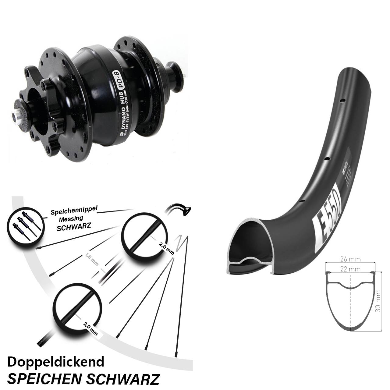 Nabendynamo-Vorderrad 28 Zoll DT Swiss E550 Shutter Precision PD-8 5x100 6-Loch
