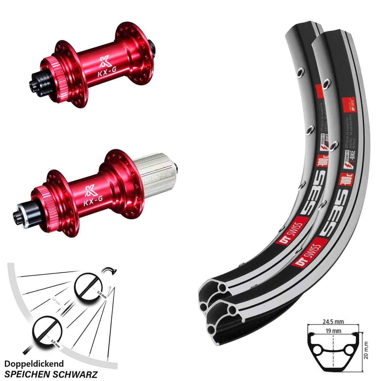 28 Zoll DT Swiss 535 KX-G rot Laufradsatz QR 8-12 fach