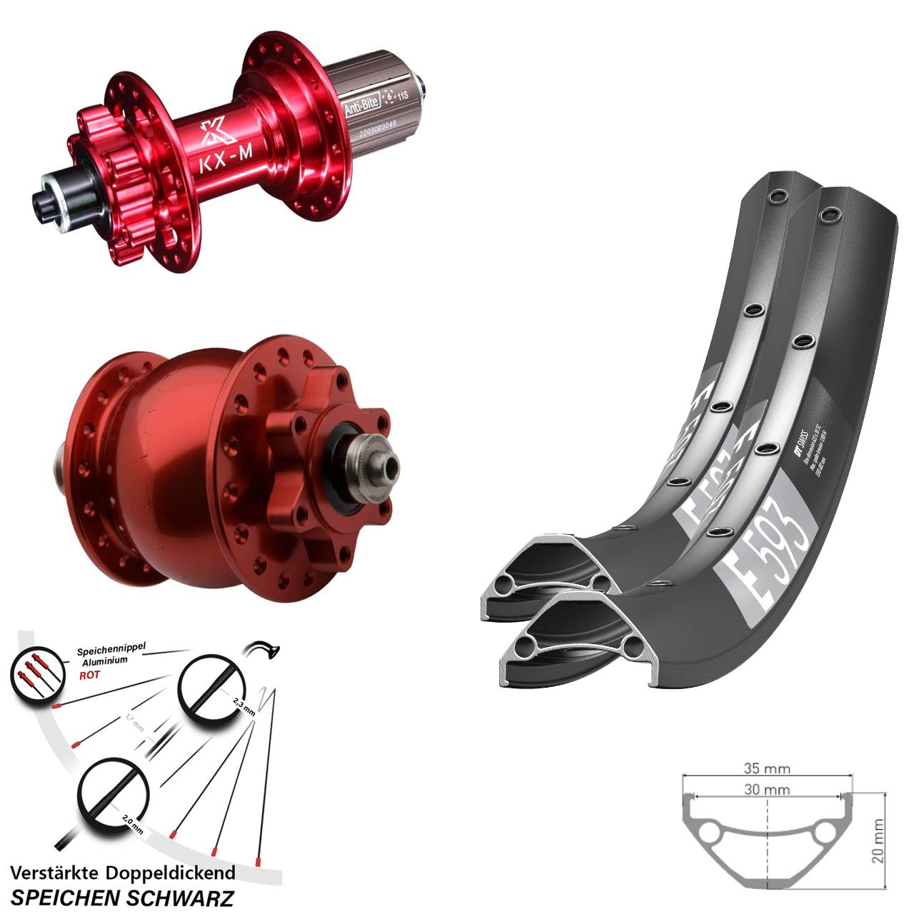 DT Swiss E593 KX-M rot SON 28 29 Zoll 6-Loch Laufradsatz QR 8-12 fach HG