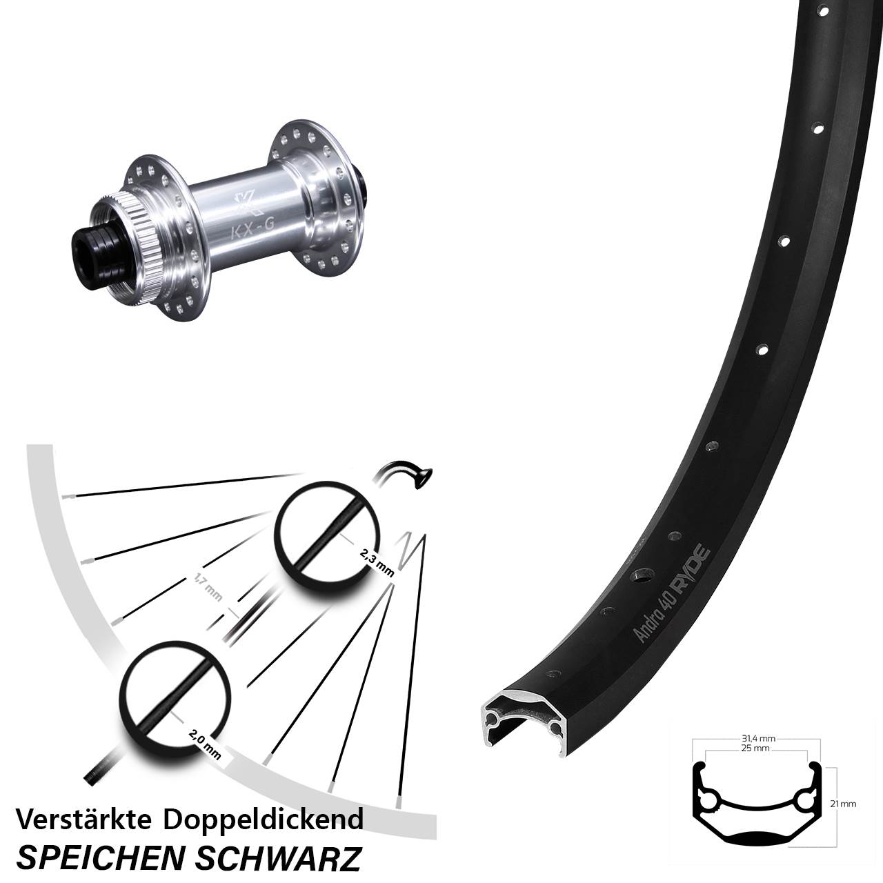 Vorderrad Centerlock 27,5 Zoll Ryde Andra 40 KX-G 15x100