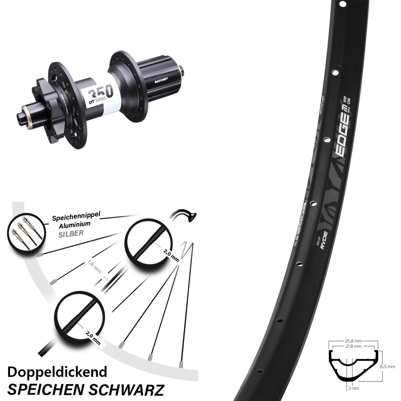 Ryde Edge M22 DT Swiss 350 29 Zoll 6-Loch Hinterrad QR Boost 8-11 fach
