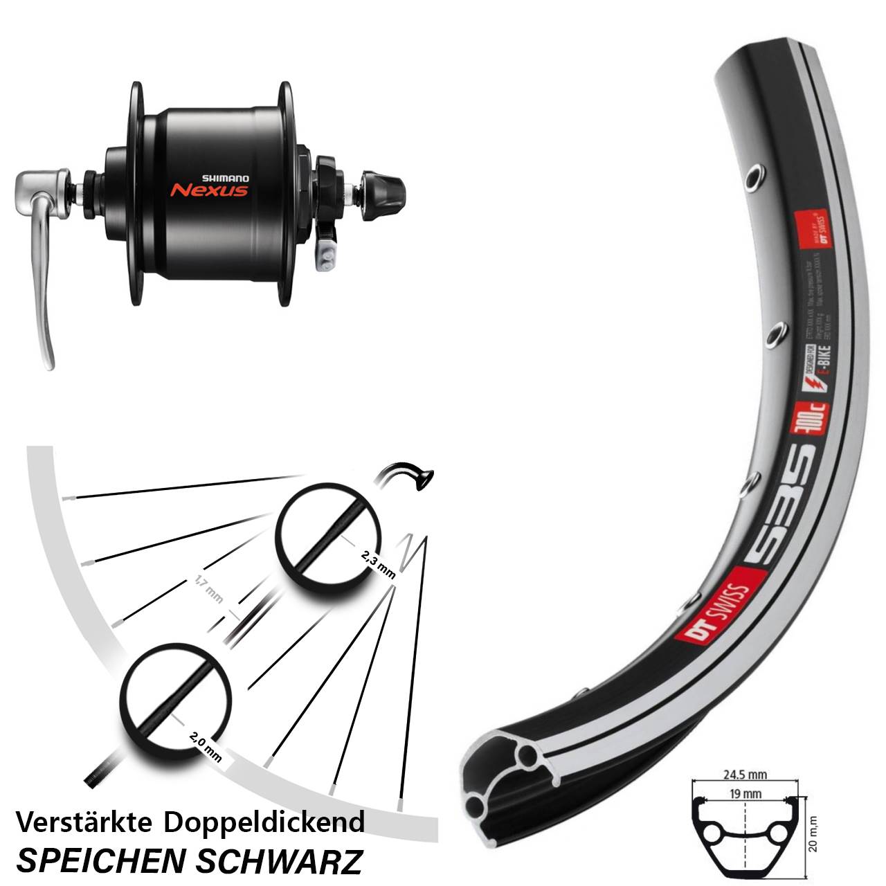 Vorderrad mit Nabendynamo QR 26 Zoll DT Swiss 535 Shimano DH-C3000-3N