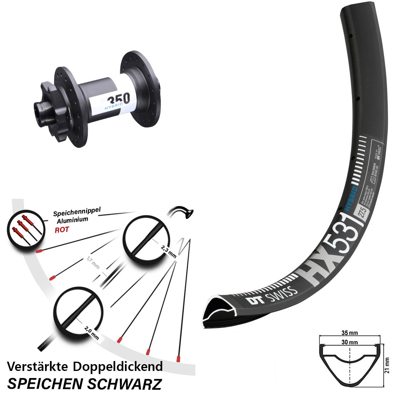 schwarzes 29 Zoll Vorderrad HX 531 DT Swiss 350 Hybrid Boost 6-Loch 15x110 mm E-Bike