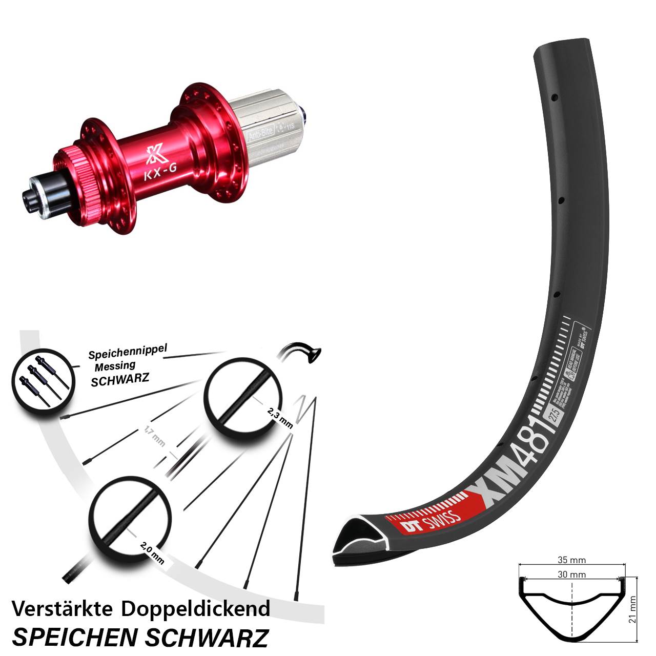 DT Swiss XM 481 KX-G rot 27,5 Zoll Disc Hinterrad für Schnellspanner 8-12 fach HG