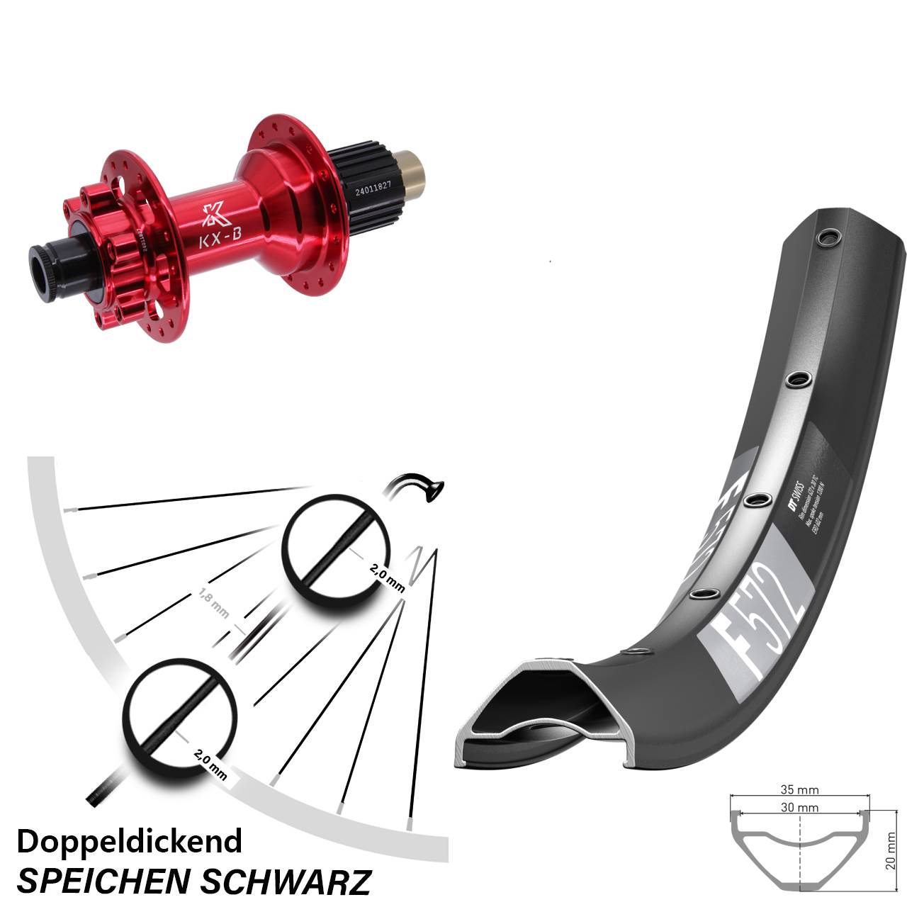 Hinterrad 27,5 Zoll DT Swiss F572 KX-B rot 6-Loch Micro Spline 12x148