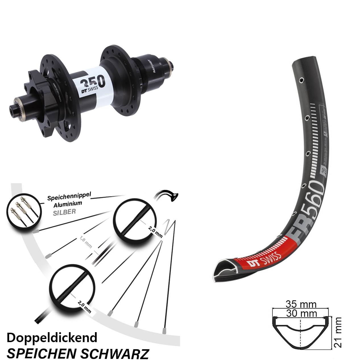 26 Zoll DT Swiss FR 560-350 Hinterrad 6-Loch QR XD