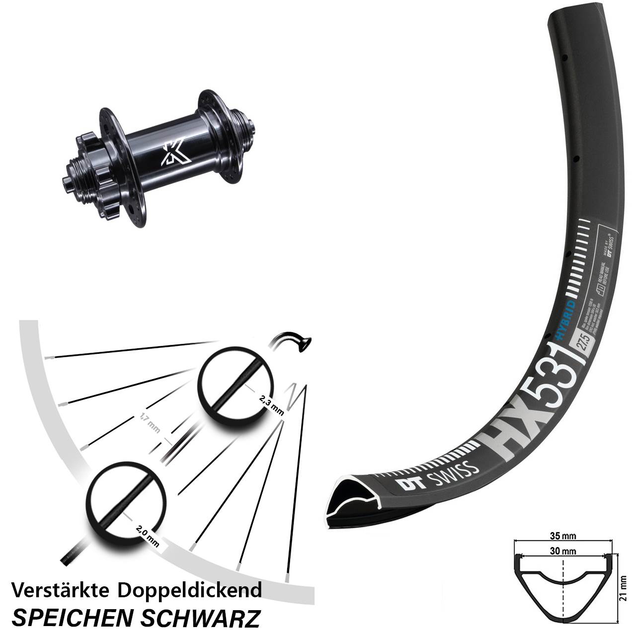 6-Loch Vorderrad für Schnellspanner 29 Zoll DT Swiss HX531 KX-M