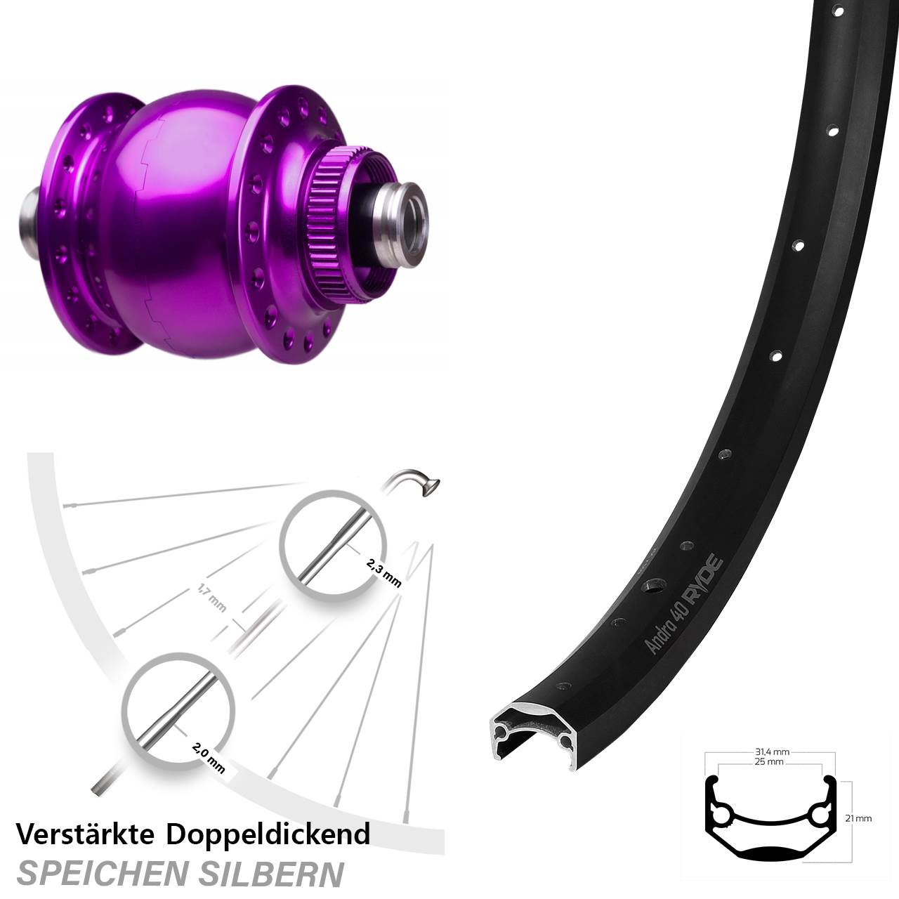 Nabendynamovorderrad Centerlock 12x100 20 Zoll Ryde Andra 40 SON 28 violett