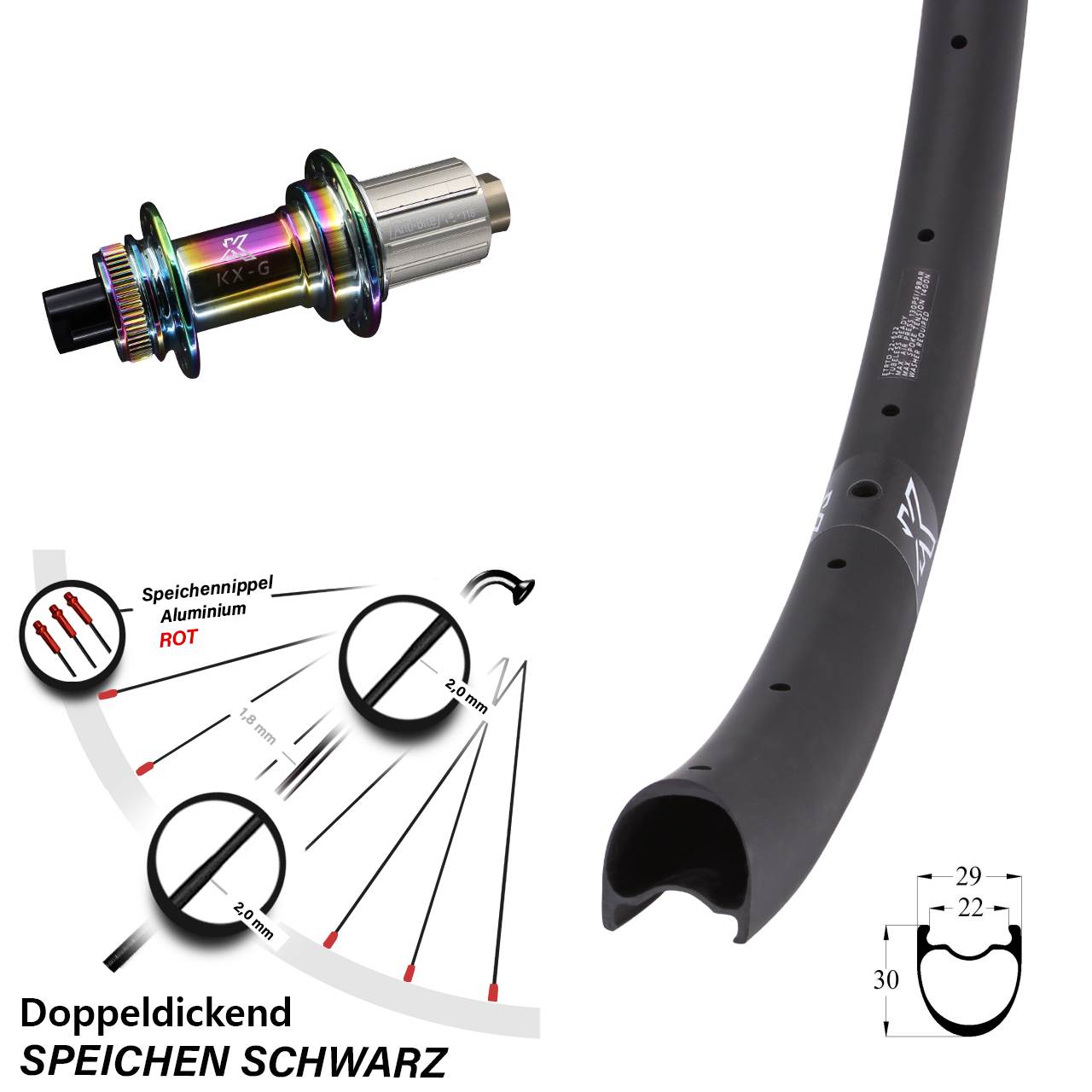 Centerlock Hinterrad 28 Zoll KX-GRC Gravel Carbon Oilslick 8-12 fach HG 12x142