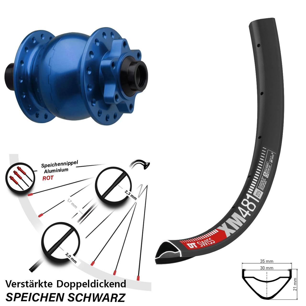 Boost Nabendynamovorderrad 6-Loch 15x110 27,5 Zoll DT Swiss XM481 SON 28 blau