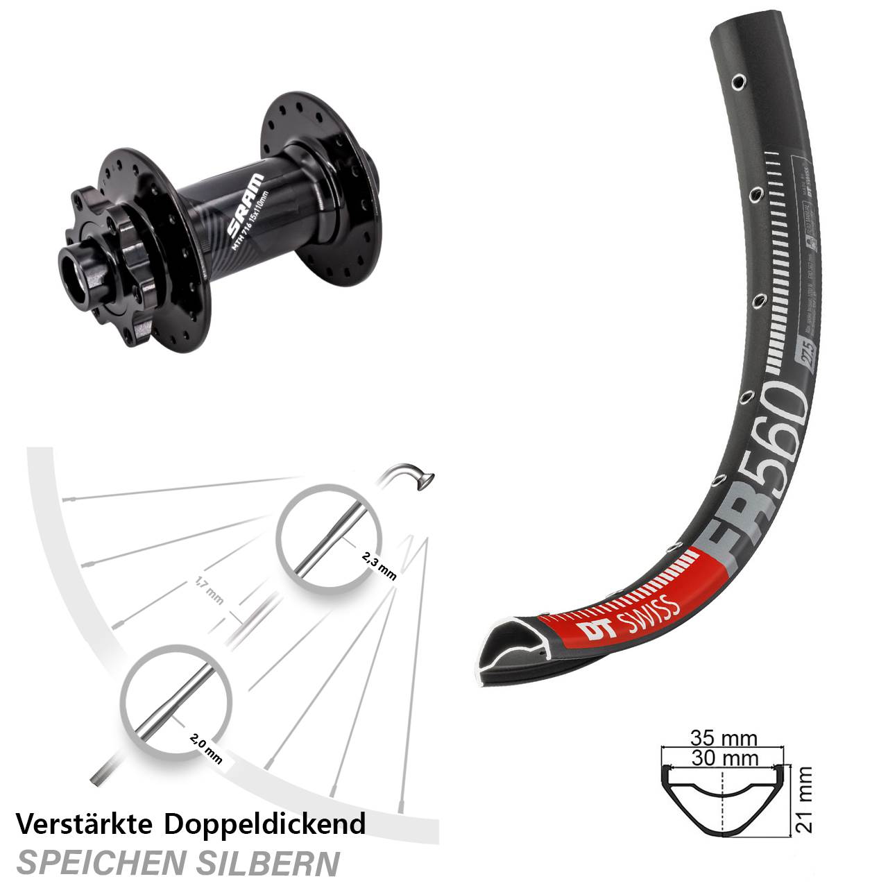 26 Zoll DT Swiss FR 560 Sram 716 Vorderrad 6-Loch 15x110 Boost