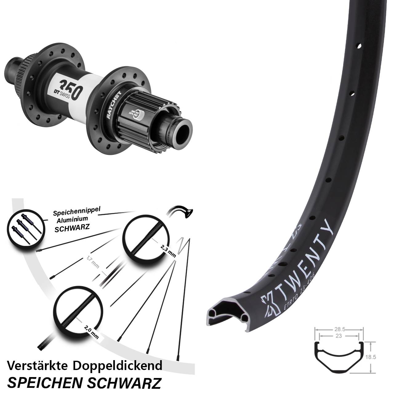 Boost Hinterrad Centerlock 12x148 20 Zoll KX Twenty DT Swiss 350 Ratchet 36 Micro Spline