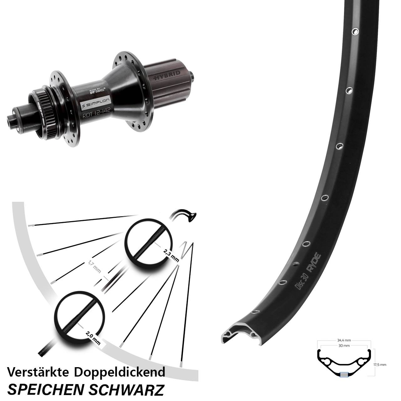 Ryde Disc 30 DT Swiss 370 Hybrid 29 Zoll Centerlock Hinterrad QR 8-11 fach HG