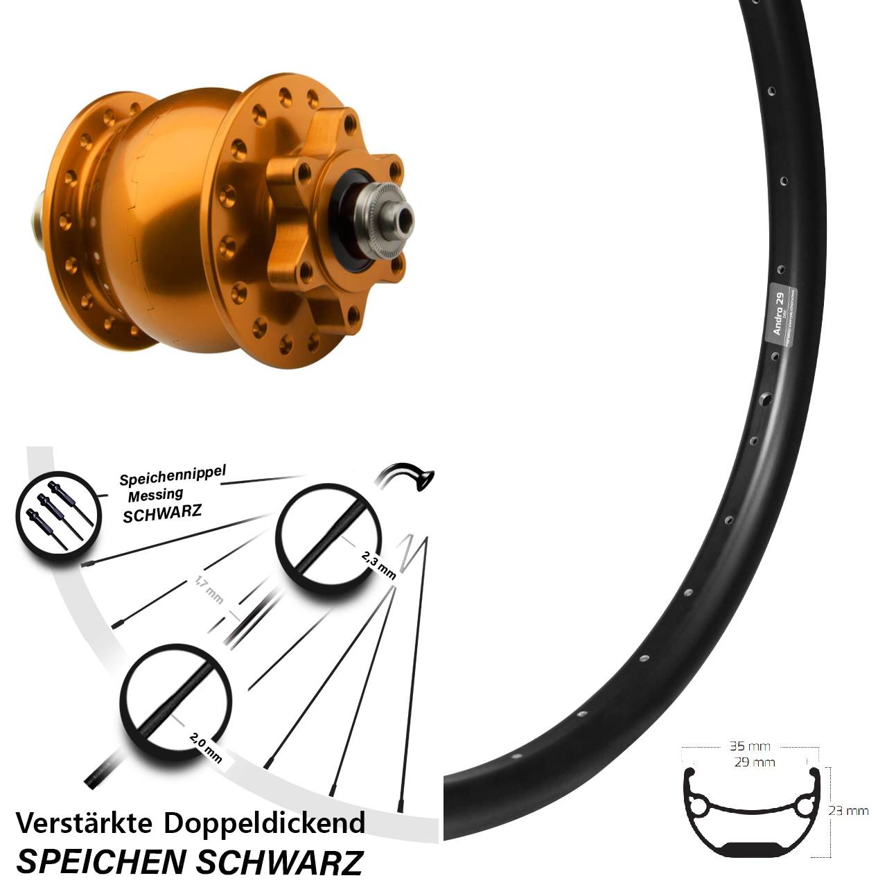 Disc Vorderrad mit Nabendynamo Ryde Andra 29 Zoll SON 28 orange QR
