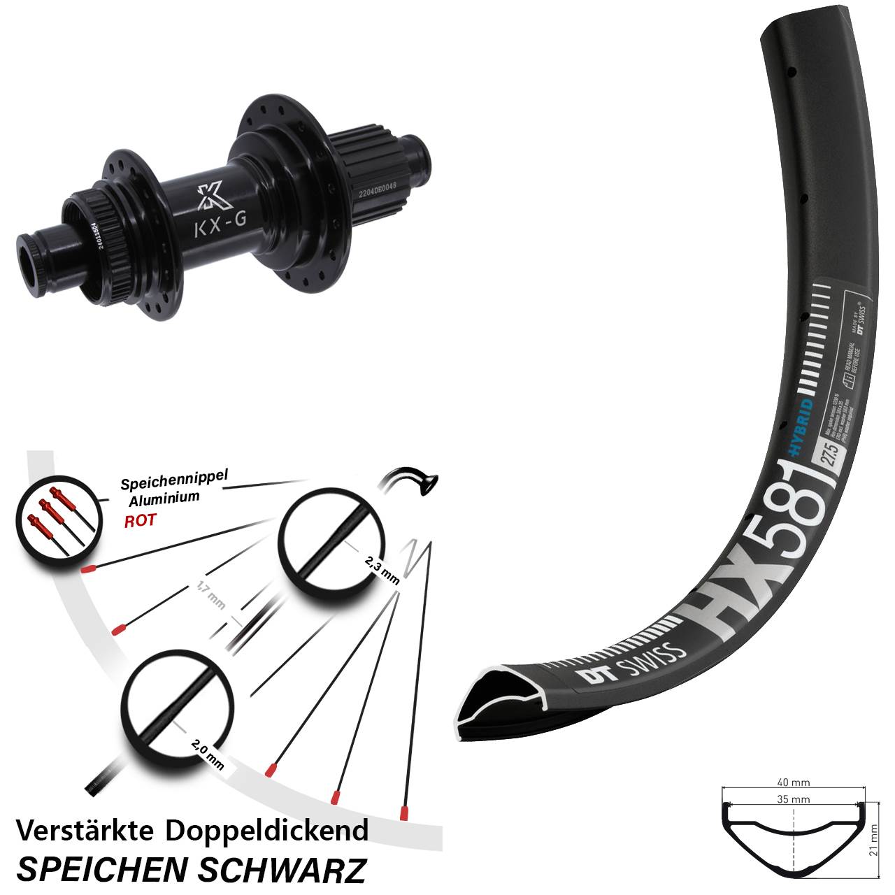 Disc Hinterrad 12x142 27,5 Zoll DT Swiss HX581 KX-GS Heavy Duty Shimano Micro Spline
