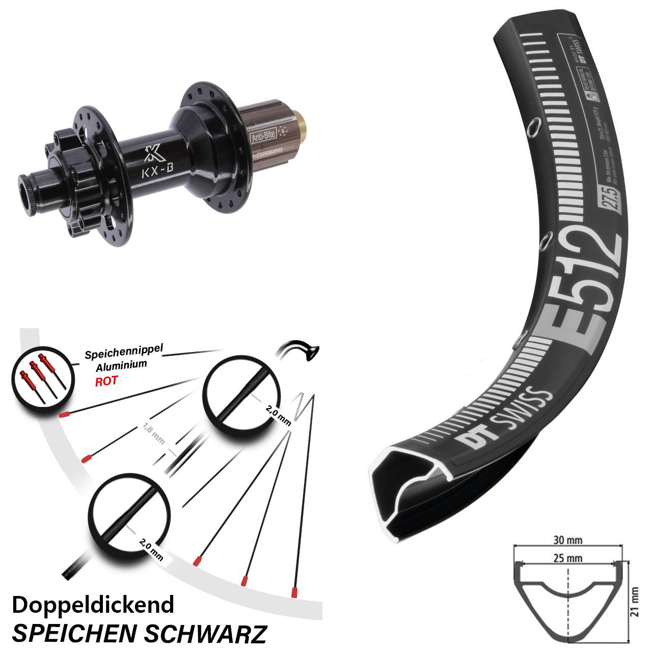DT Swiss E 512 27,5 Zoll Hinterrad KX-B 6-Loch 12x148