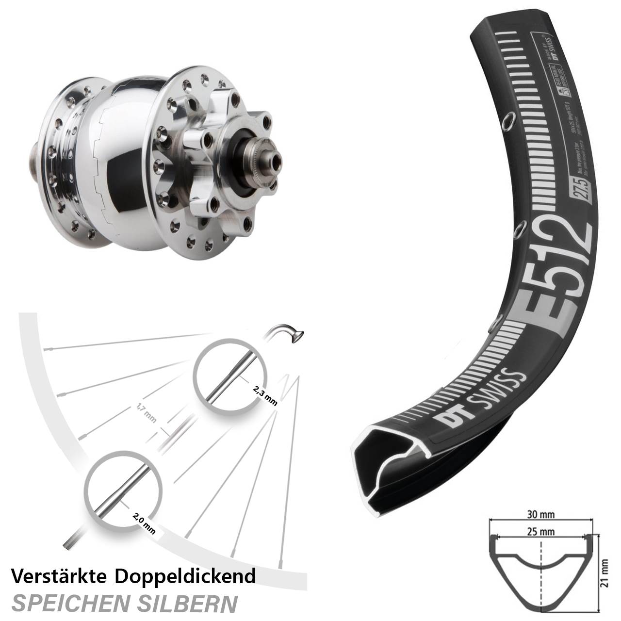 Vorderrad 27,5 Zoll DT Swiss E 512 SON 28 6-Loch silbern poliert