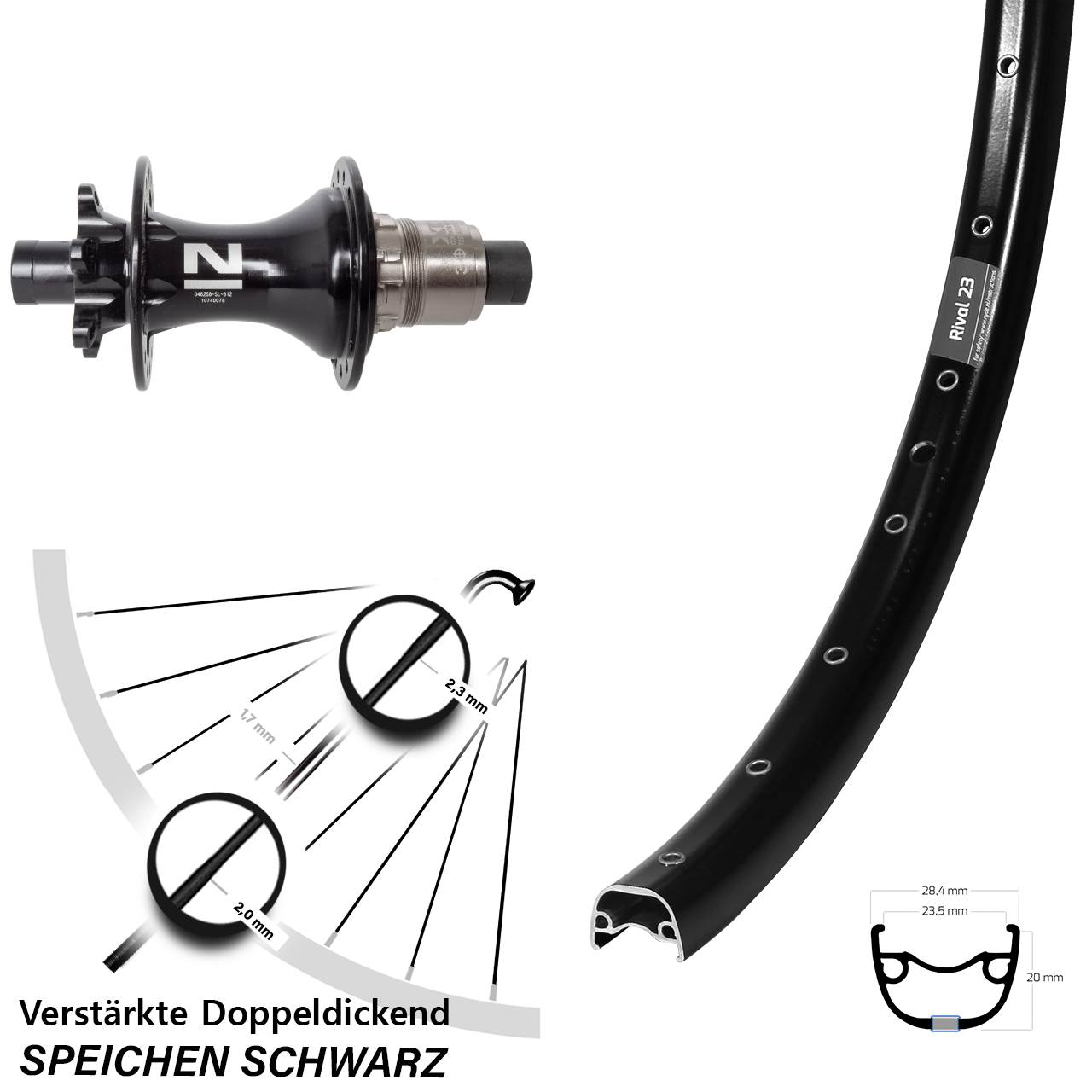 27,5 Zoll Ryde Rival 23 Novatec D462SB Boost Disc Laufrad 12x148 Boost XD