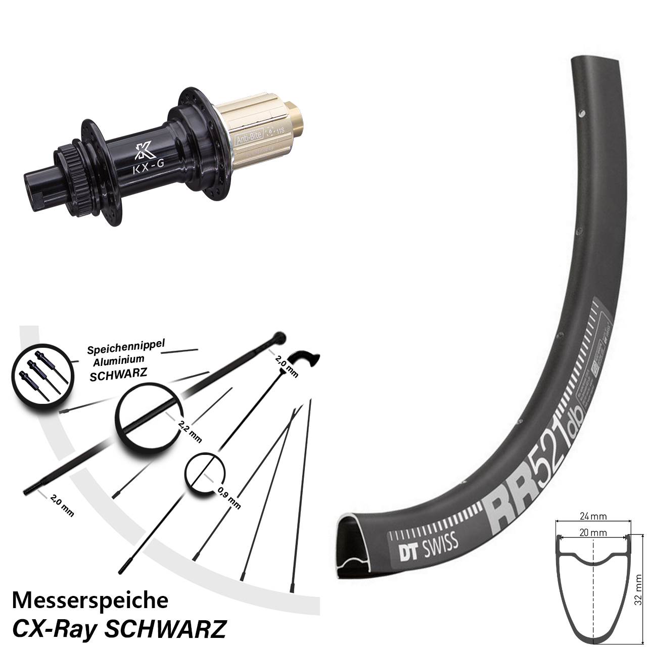 28 Zoll Hinterrad KX-G DT Swiss RR 521 Road 12x142 mm CX Ray 8-12 fach