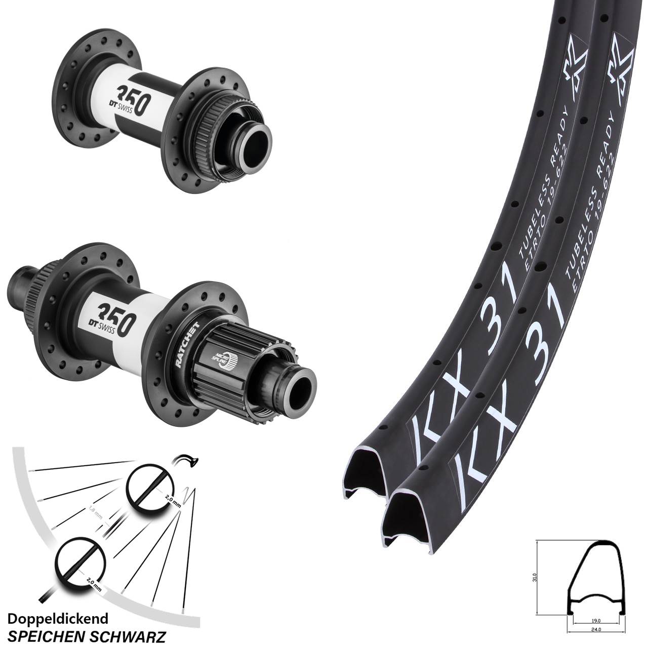 28 Zoll KX31 OS DT Swiss 350 Disc Laufrad-Satz 15x100 12x142 Micro Spline