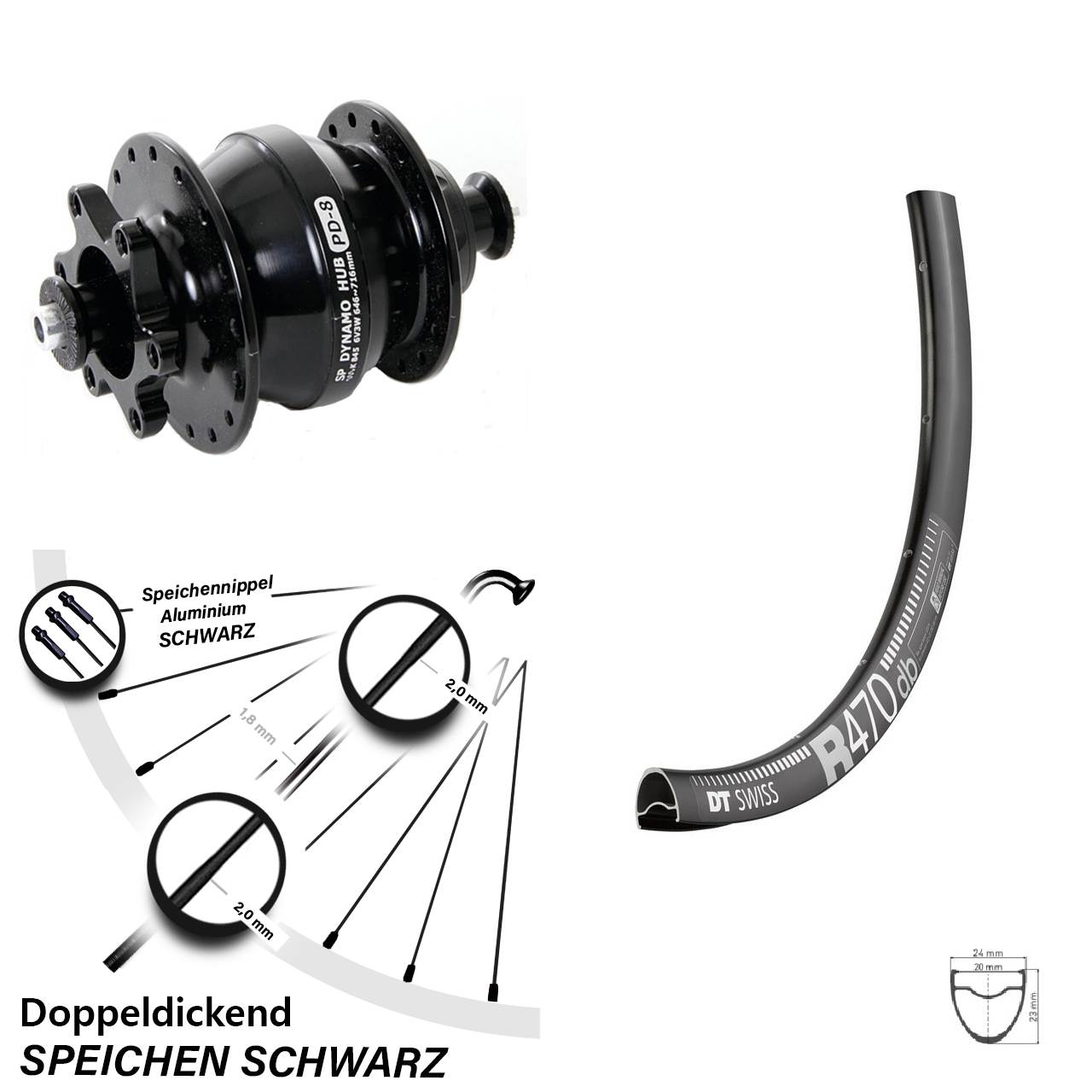 28 Zoll Vorderrad Swiss R 470 Shutter Nabendynamo PD-8 schwarz