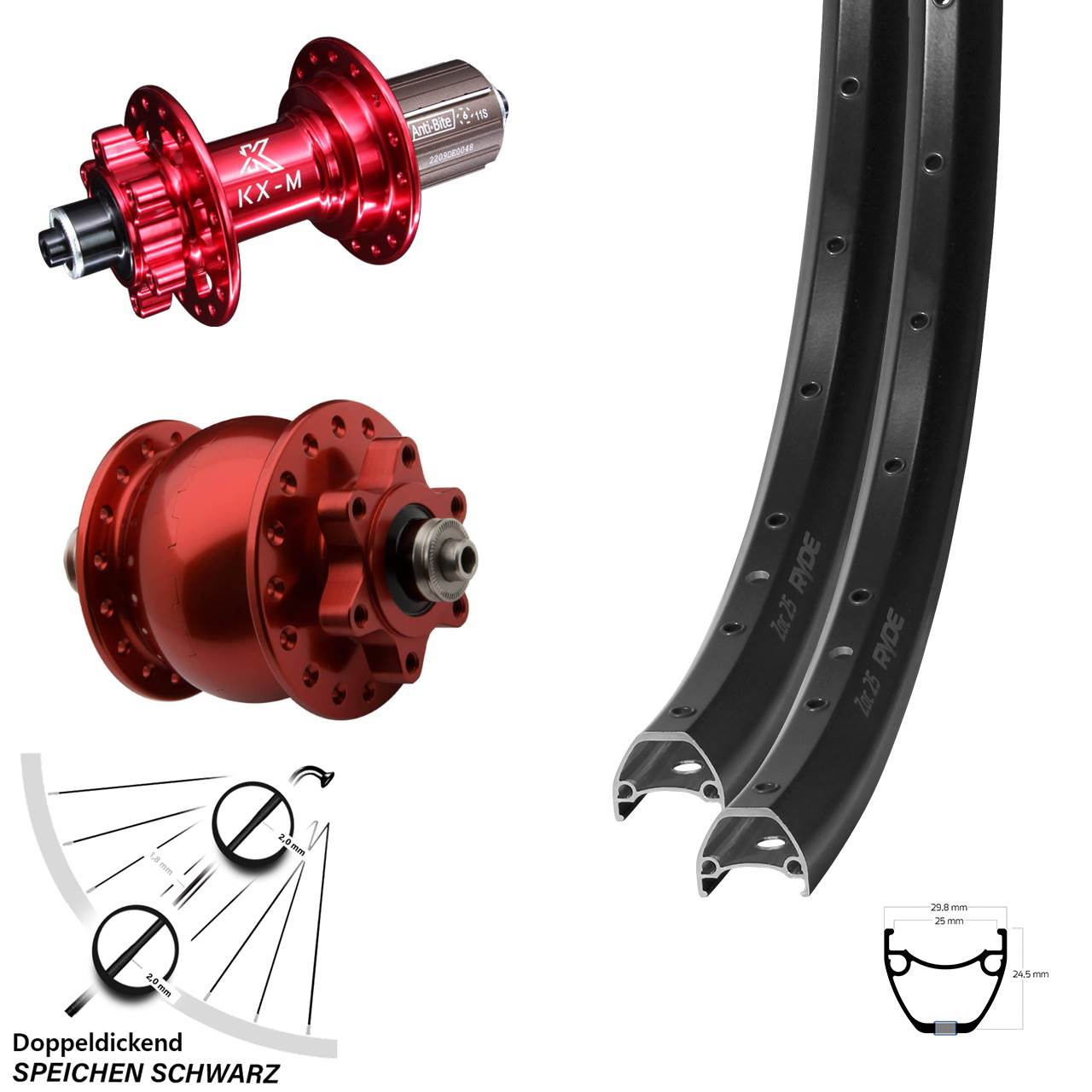 Laufradsatz 6-Loch 28-29 Zoll Ryde ZAC 25 KX-M rot SON 28 8-12 fach HG für Schnellspanner