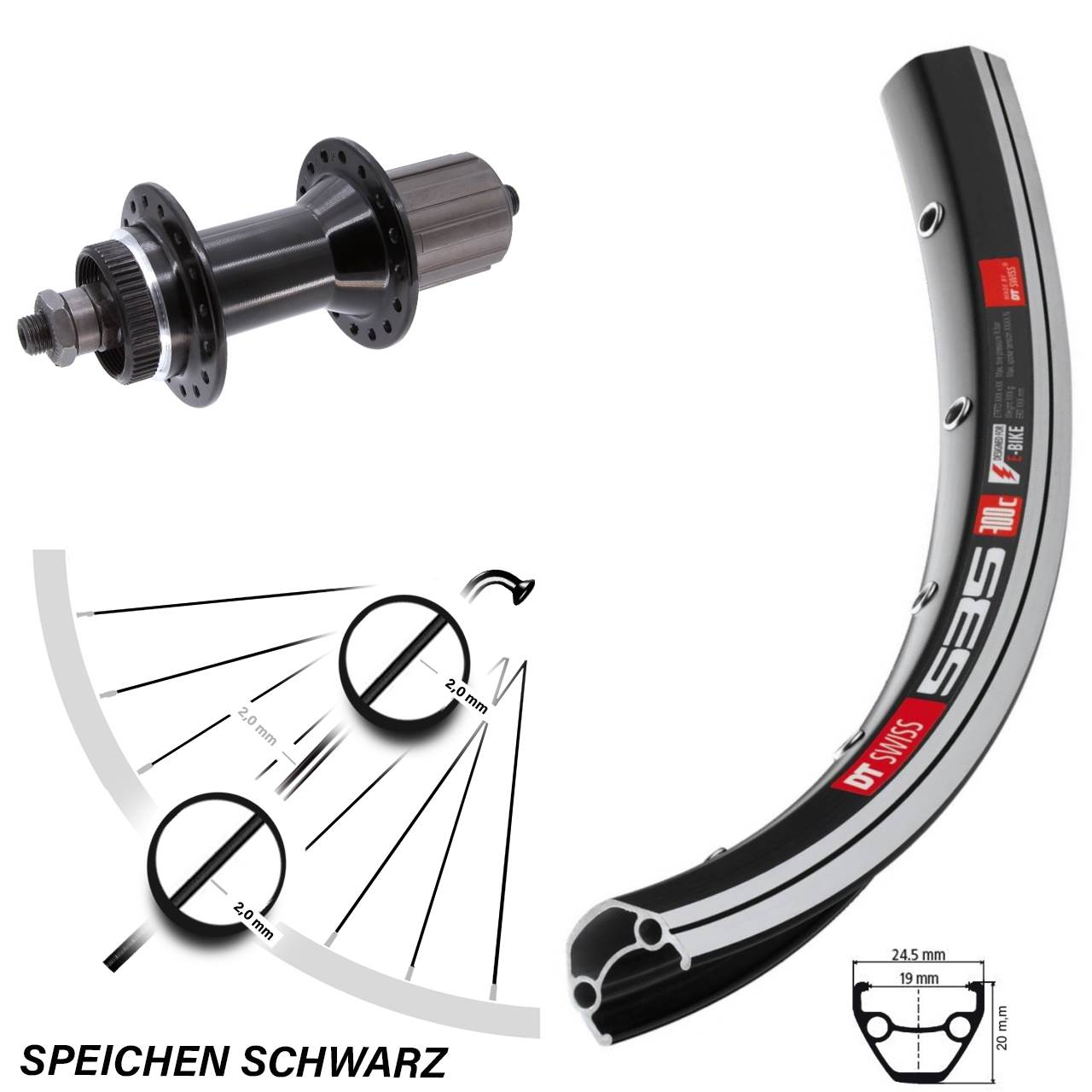 schwarzes 28 Zoll Hinteres Rad DT Swiss 535 Joytec 8-11 fach