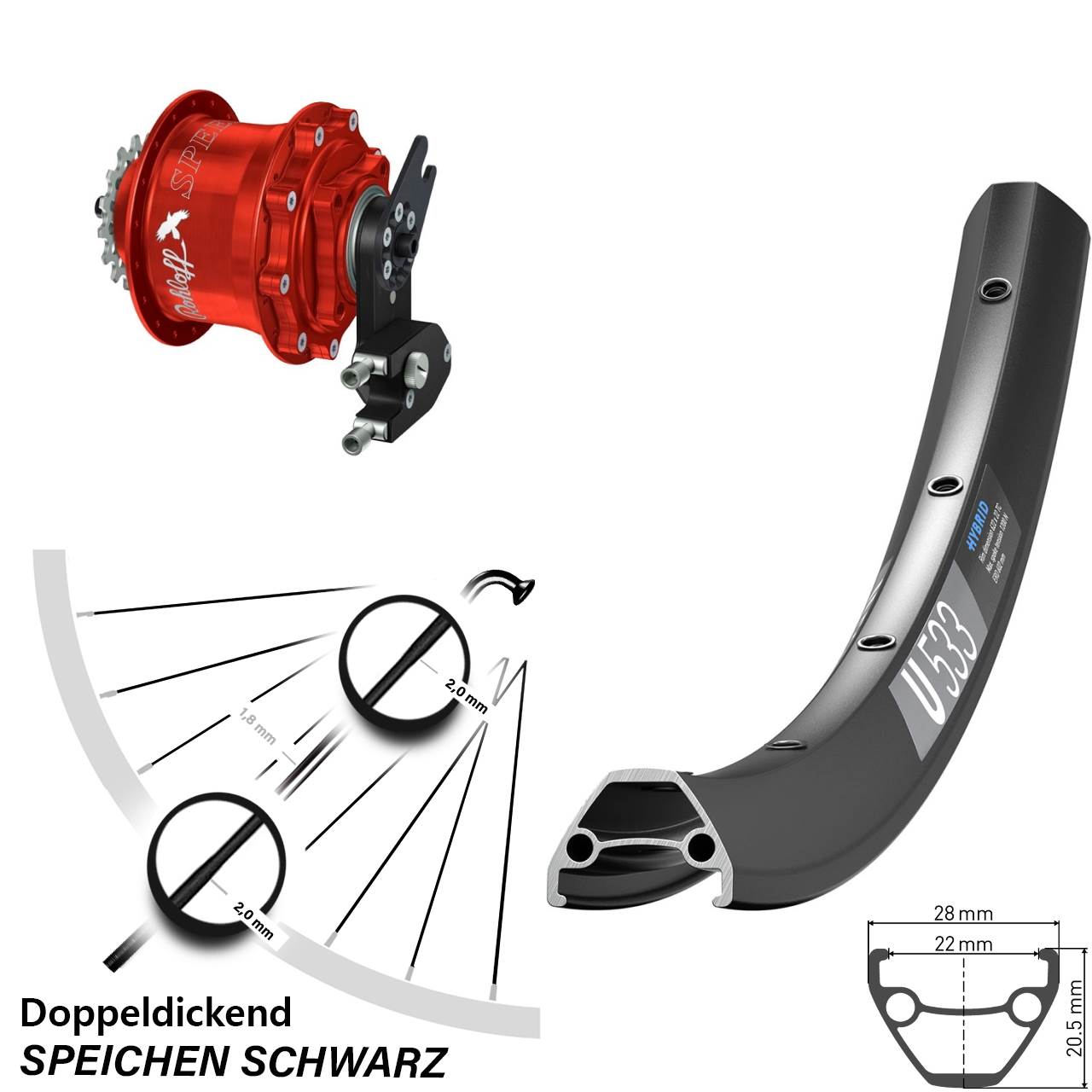 Disc Laufrad 28 Zoll DT Swiss U533 Rohloff Speedhub CC DB OEM2 Tandem rot