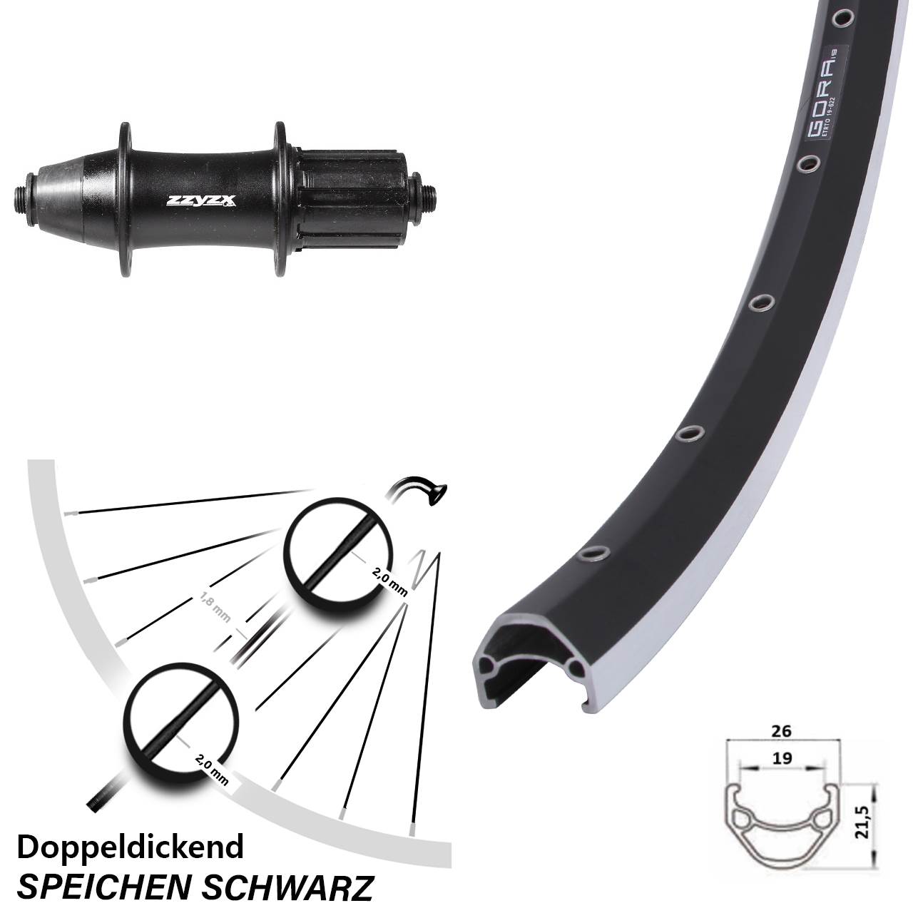 schwarzes 28 Zoll Laufrad Ryde Gora 19 Formula OV-32 8-11 fach QR