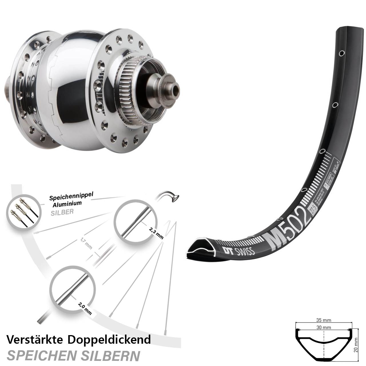 Disc Vorderrad mit Nabendynamo QR 27,5 Zoll DT Swiss M 502 SON delux