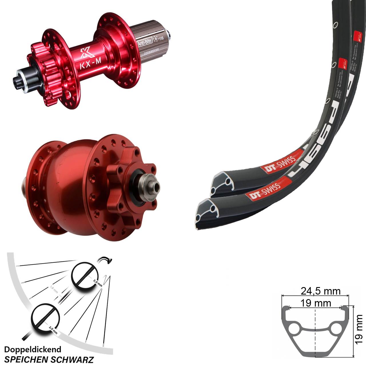 DT Swiss 466 KX-M rot SON 28 Zoll Disc Laufrad-Satz für Schnellspanner 8-12 fach HG
