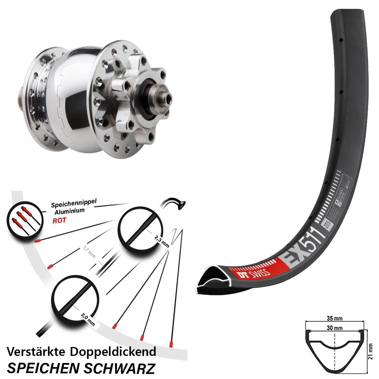 Disc Laufrad mit Nabendynamo 29 Zoll DT Swiss EX511 SON 28 poliert QR