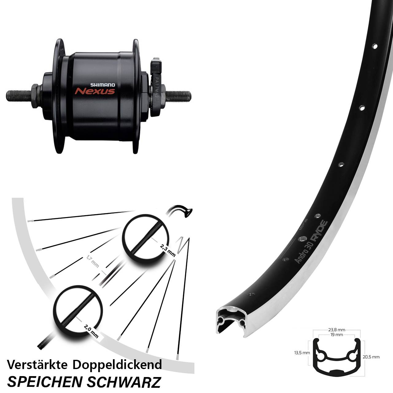 Ryde Andra 30 Shimano Nexus DH-C3000-3N 28 Zoll Vorderrad mit Nabendynamo Vollachse