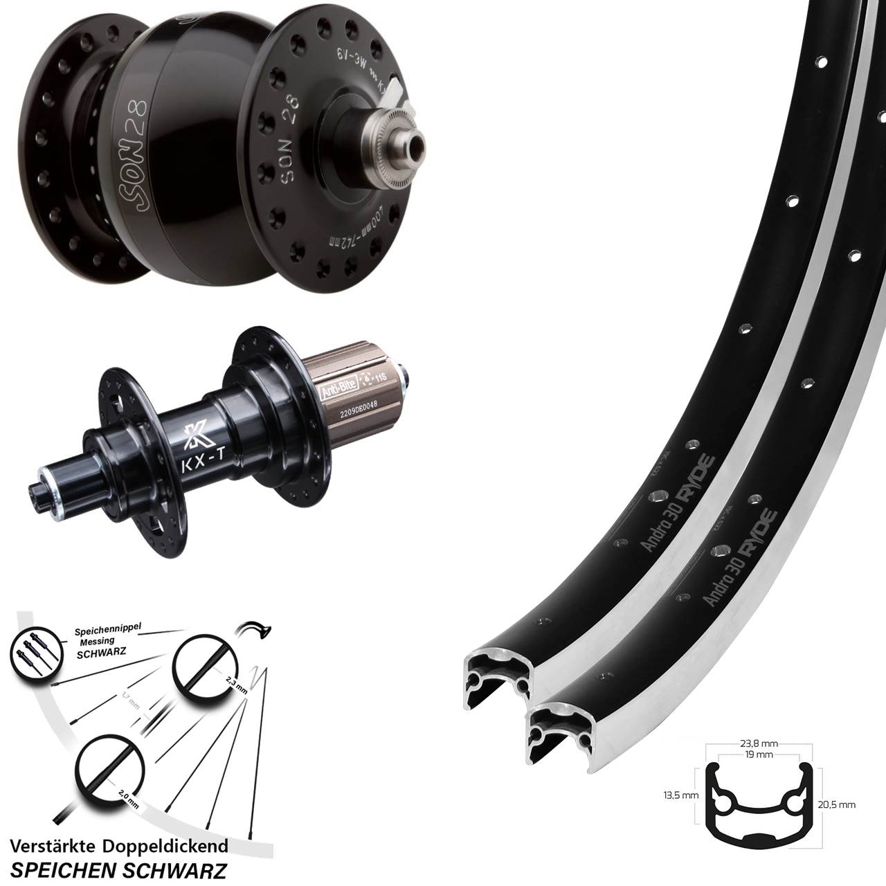 Laufradsatz Dynamo SON 28 Zoll KX-T schwarz Ryde Andra 30 verstärkt Felgenbremse