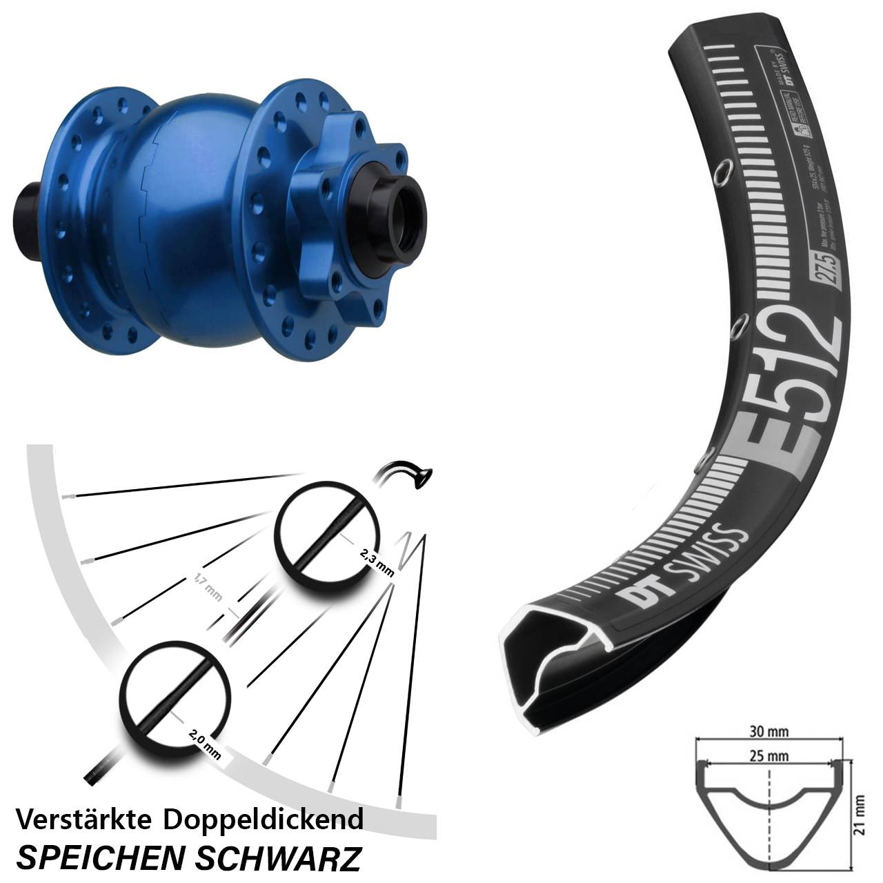 SON 28 blau DT Swiss E 512 27,5 Zoll Vorderrad mit Nabendynamo 6-Loch 15x110 Boost
