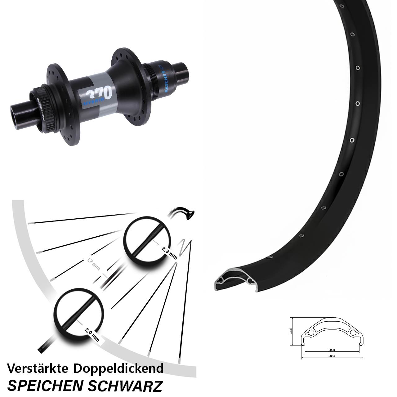 29 Zoll Ryde Disc 35 DT Swiss 370 Hybrid Hinterrad Centerlock 12x148 XD 11-12 fach